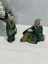 Antique Chinese Madmen Figurines, Lot of 2 Rare Sitting Man Excellent Condition