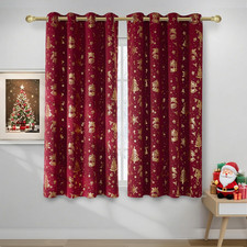 2 Panels Christmas Red Curtains 52 X 63 Inch - Gold Stamped Grommets Christmas C