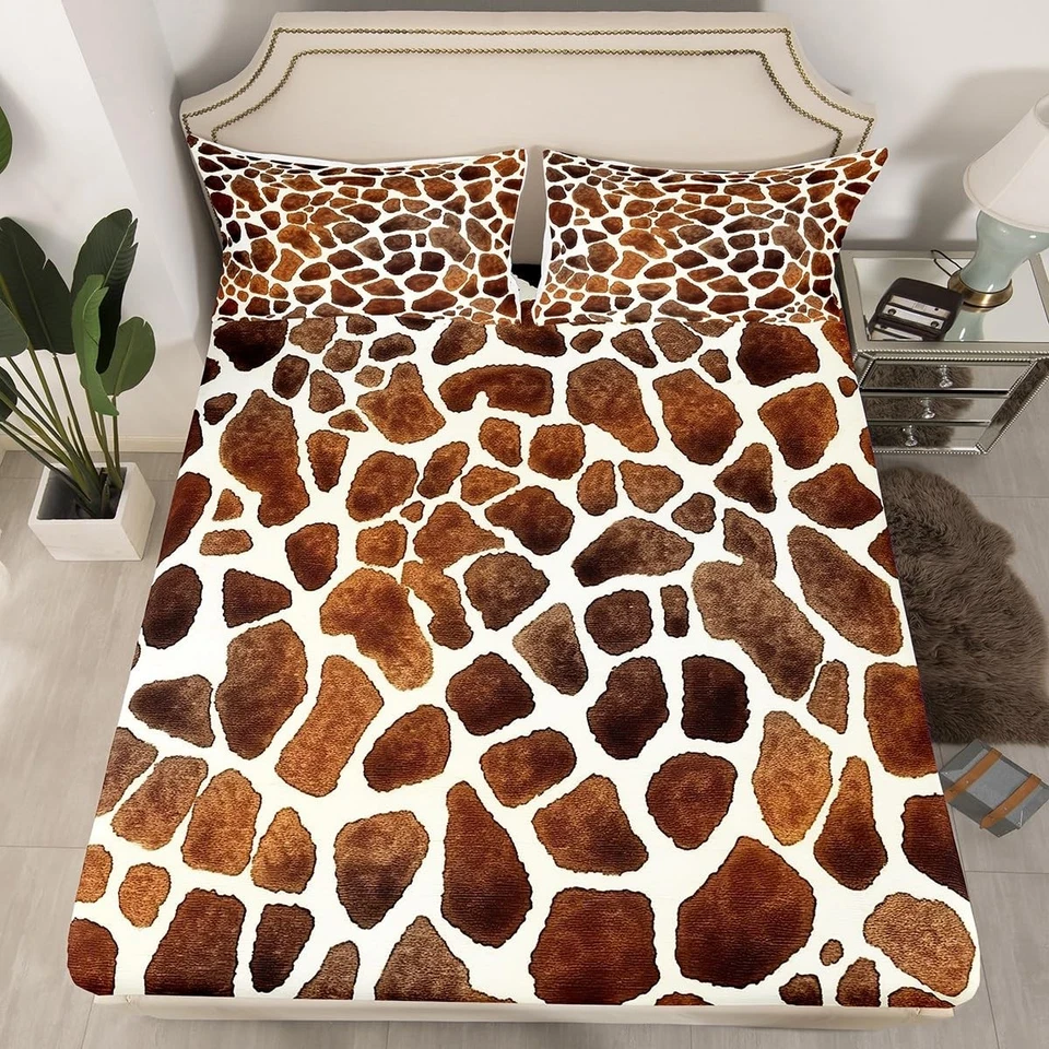 长颈鹿印花套装国王尺寸长颈鹿毛皮纹理印花床单带深口袋... — 第 3/4 张图片