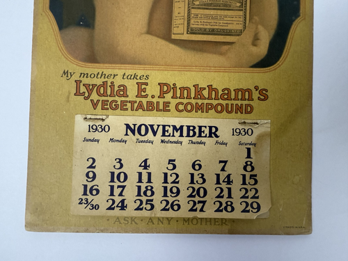 Vintage 1930 Lydia E Pinkham's Advertising Calendar Vegetable Compound 8"x15" - Picture 3 of 5