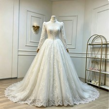 Muslim White Wedding Dresses Lace with Veil High Neck Long Sleeves Bridal Gowns