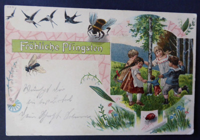Künstler Litho AK Fröhliche PFINGSTEN Kinder tanzen um einen Baum Nicht versandt