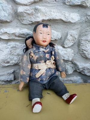 Vintage chinesische Mutter und Kind Puppe schönes frühes Stück leicht verblasst