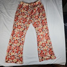 Vintage 70s Style Floral Flare Pants Wide Leg Boho Retro Hippie Orange Brown XL