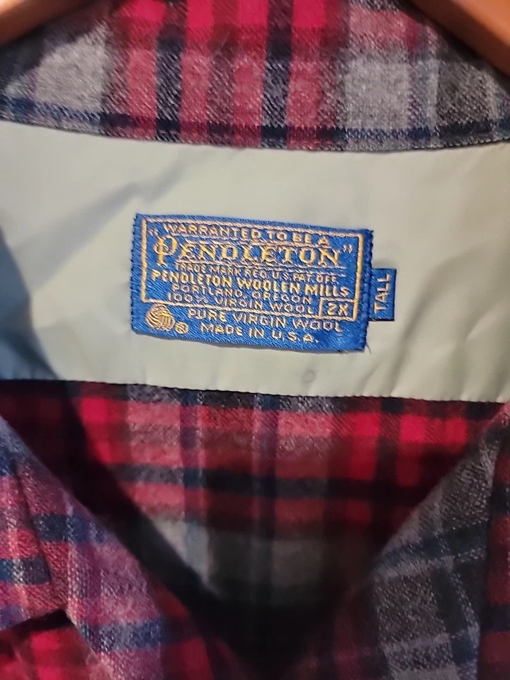 Camisa de Tablero Pendleton De Colección Cuello Lazo Para Hombre XXL 100% Lana Hecha en EE. UU. Gris Rojo Foto 3 de 4