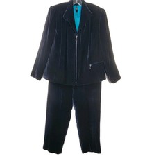Dana Buchman Pant Suit Jacket Pants Navy Blue Teal Trim Velvet-like 2 Pc Set