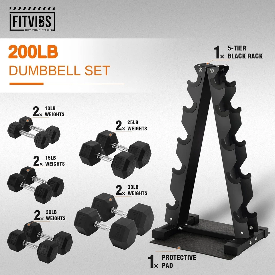 200LB Rubber Hex Dumbbell Set with 5-Tier A-Frame Rack, 10–30LB Pairs, Ergo Grip - Image 2 of 4