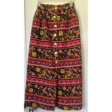 Vintage 60  s 70s Flower Power Black Neon Pink Quilted Maxi Skirt XS Small Hippie