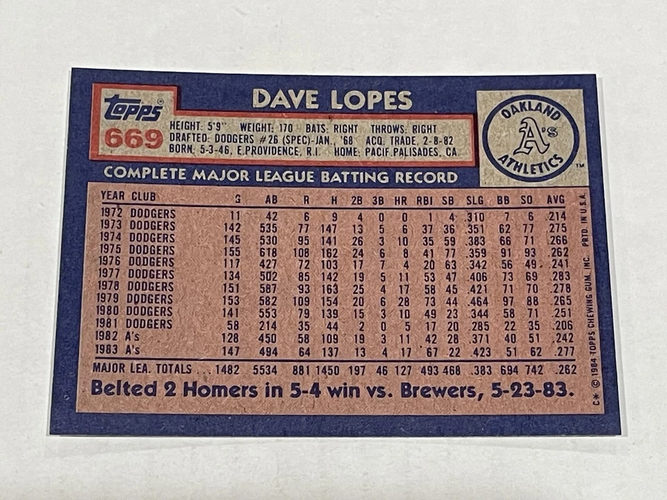 1984 Topps Baseball #669 - Dave Lopes - Oakland Athletics - Image 2 of 2