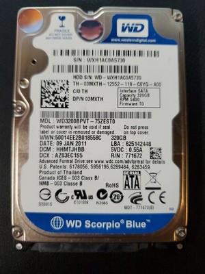  HDD Hard Drive SATA Laptop 2.5'' WD WD3200BPVT-75ZESTO 320GB 3MXTH