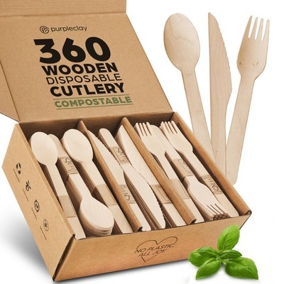 Purpleclay Wooden Disposable Utensils Set 360 Pcs Compostable Silverware 120