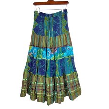 Vintage 90s Skirt Sz S Maxi Teal Tiered Patchwork Festival Fairy Boho Pull On