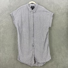 Tahari Linen Shirt Dress Womens 1X Blue White Pinstripe Button Front Cap Sleeve