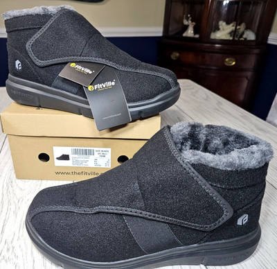NEW FitVille Easy Top Diabetic Boots V1 Black Mens Sz 10 Wide Arch Heel Support!