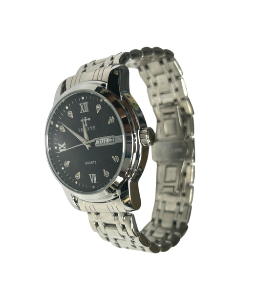 TRSOYE tono plateado cuarzo día-fecha esfera negra pulsera de acero inoxidable reloj de vestir 4