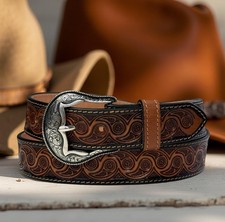 Western Belt Cowboy Rodeo Full Grain Leather Hand Tooled Removable Buckle