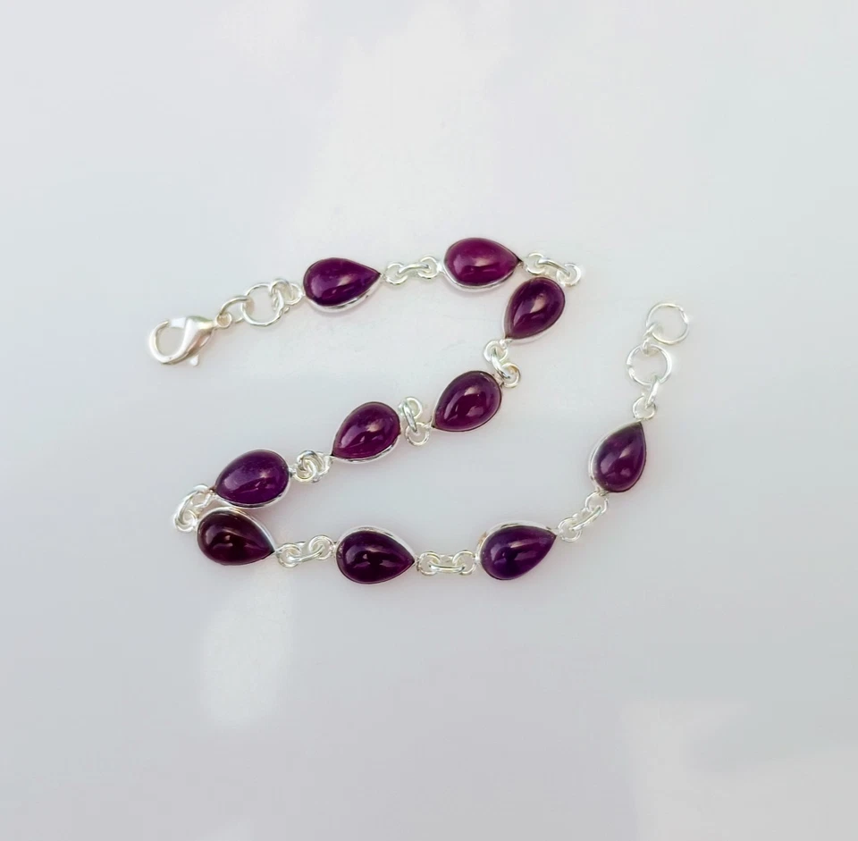 Natural Purple Amethyst Gemstone Bracelet 925 Sterling Silver Handmade Jewelry - Image 4 of 4