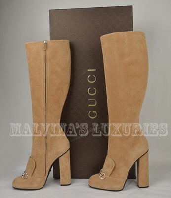 GUCCI BOOTS LILLIAN TALL BEIGE SUEDE LEATHER HORSEBIT HIGH