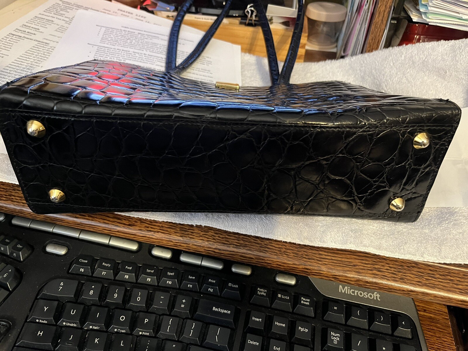 Black Furla Leather Croc Embossed Shoulder Strap Hand… Gem