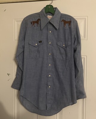 Vtg 60-70s Wrangler Pre Shrunk Shirt 15x32 Embroidered Denim Pearl Snap USA RARE