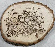 Wood Burning Hand Made Art On A Tree Slab 2 Quails 8 ½" x 7"