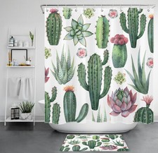 Tropical Cactus Green Succulent Plant Shower Curtain Set for Bathroom Decor