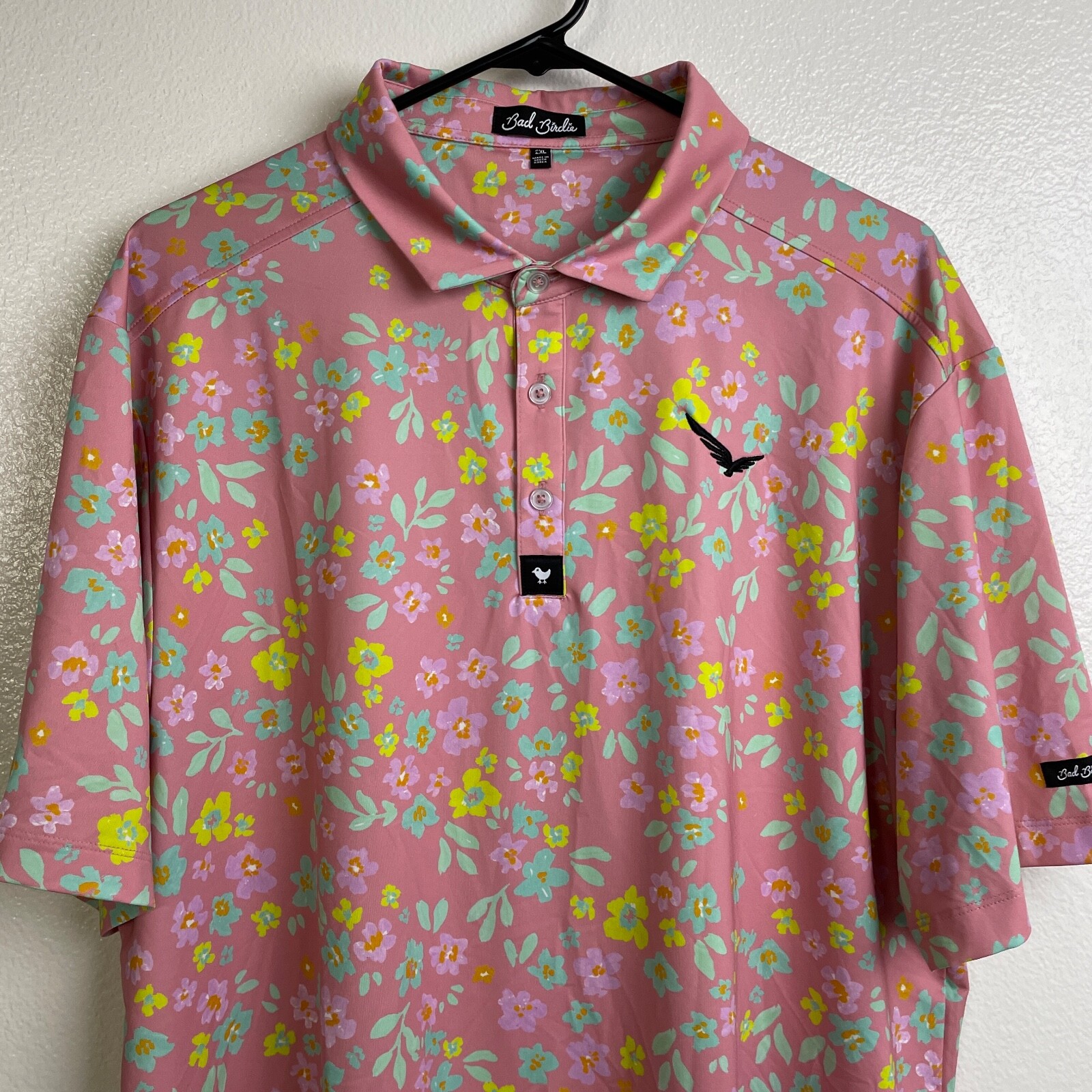 Bad Birdie Golf Polo Shirt Mens 2XL XXL Pink Green Floral Performance