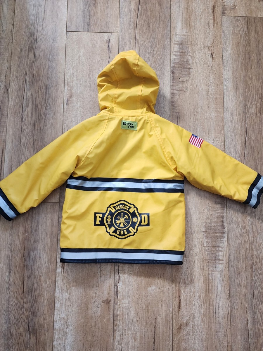 Western Chief 2T 2 Yellow Rain Jacket Fire Fighter Hood Lined