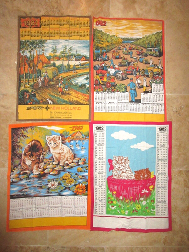 Lot 4 Torchons Vintage 1982 – Calendrier Tissus Chaton Voiture Ets Candillier