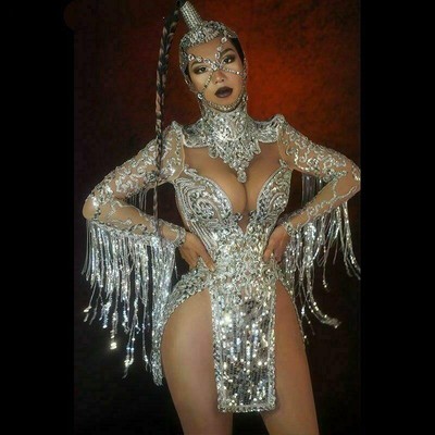 2023 Women Shiny Silver Sequins Tassel Dress Female Split Stage Costume Top