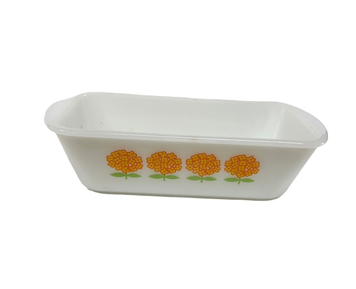 Vintage Glasbake Yellow Orange Flowers 1.5 Quart Loaf Ovenware Dish USA MCM