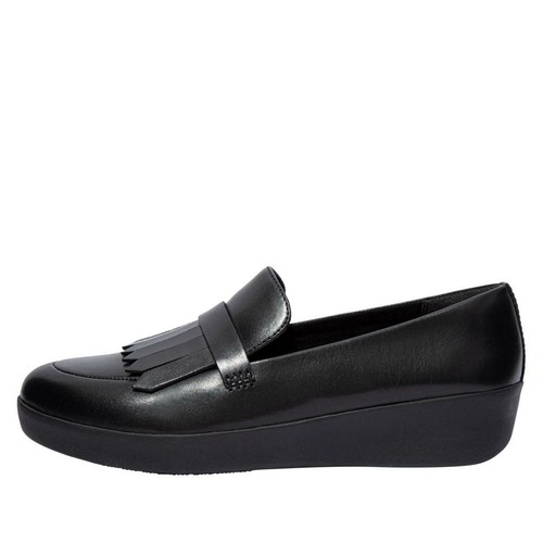 FitFlop Mujer Cuero Mocasín Cuña SUPERSKATE FLECOS Negro NUEVO - Imagen 2 de 7