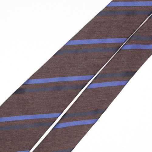 Josiah France Mens Wool Silk Necktie Brown Navy Blue Contrast Stripe Woven Tie - Picture 3 of 8