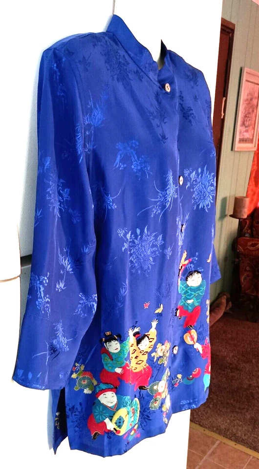 BLUSA VINTAGE DISEÑO CHICO'S AZUL ASIÁTICO JAPONÉS CUELLO MANDARINA 100% SEDA 1 M Foto 3 de 4