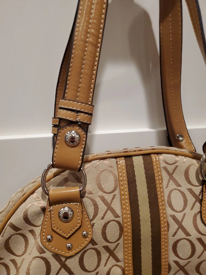 XOXO Womens Handbag K2K Purse Tan Cream Brown Large Logo Tote Bag Bowling Style  - Image 3 of 4