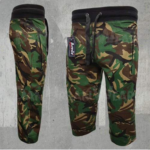 Men's Army Camo Camouflage Fleece 3/4 Shorts Zip Pockets Pull Cord Jogger S-2XL - Picture 10 of 13