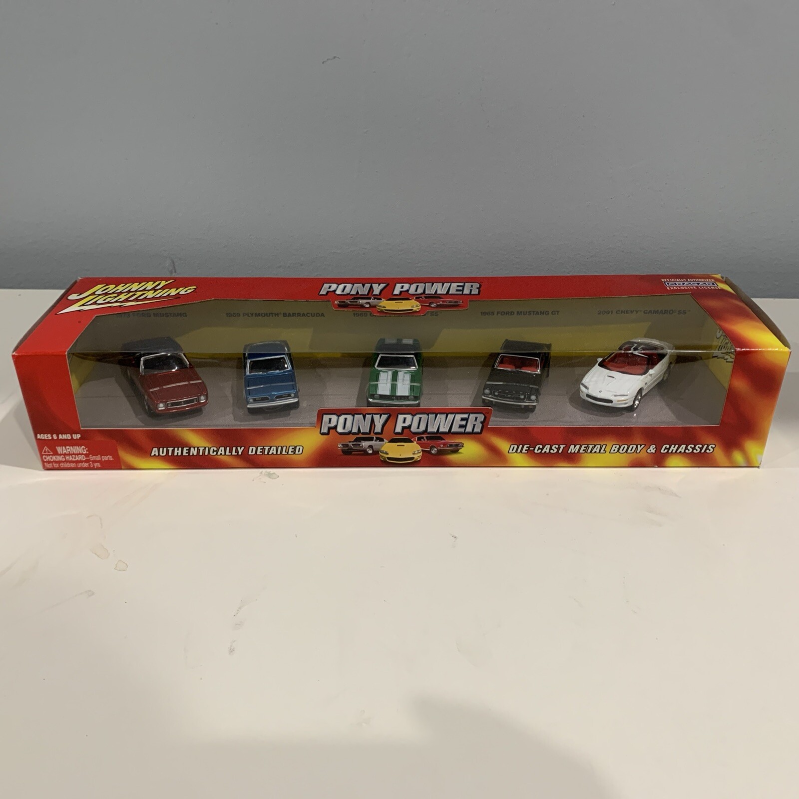 JOHNNY LIGHTNING PONY POWER 2 5-CAR GIFT SET, MUSTANG, CAMARO, BARRACUDA, NIB