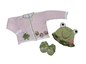 Baby-Girls-Hand-Knit-3pcs-Size-6-Months-Pink-Sweater-Hat-Booties-Green-Frog-NEW