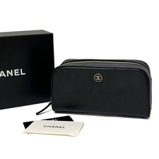 CHANEL Cosmetic Pouch Coco Button Leather Black Ladies Seal Included Model 9 Goo