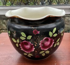 Vintage Large Planter Jardiniere Black Ceramic handpainted Flowers, Gold Rim