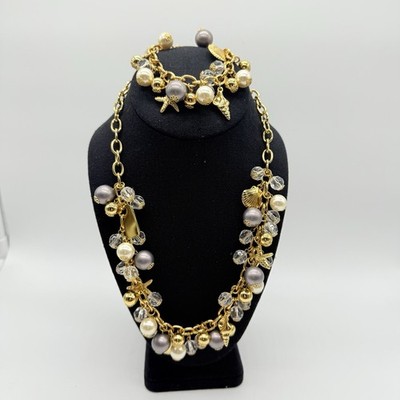NWOT Vineyard Vines Ocean Charm Beaded Gold Pearl Necklace & Bracelet Statement