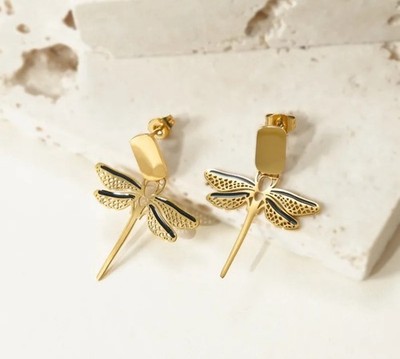 Gold Plated Stainless Steel Dragonfly Drop Earrings 