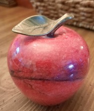 Vintage Red Onyx Apple Paperweight With Brass Stem & Leaf 4" tall Beautiful!