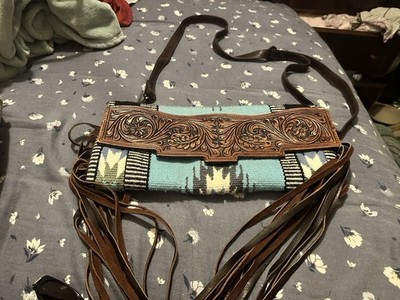 Darling Western Geometric Crossbody Bag Blue Tooled Flap Fringe Snap Closure