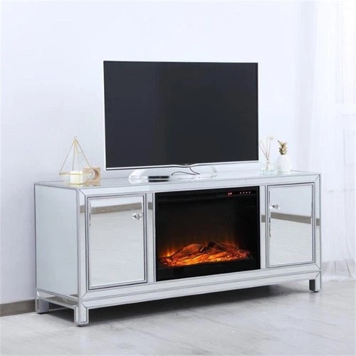 Elegant Decor Modern 60" Mirrored Faux Log Fireplace TV Stand in Antique Silver - Picture 2 of 10
