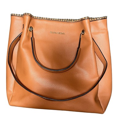 Alexis Bendel Cognac Studded Pebble Faux Leather Tote Bag   Striped Interior