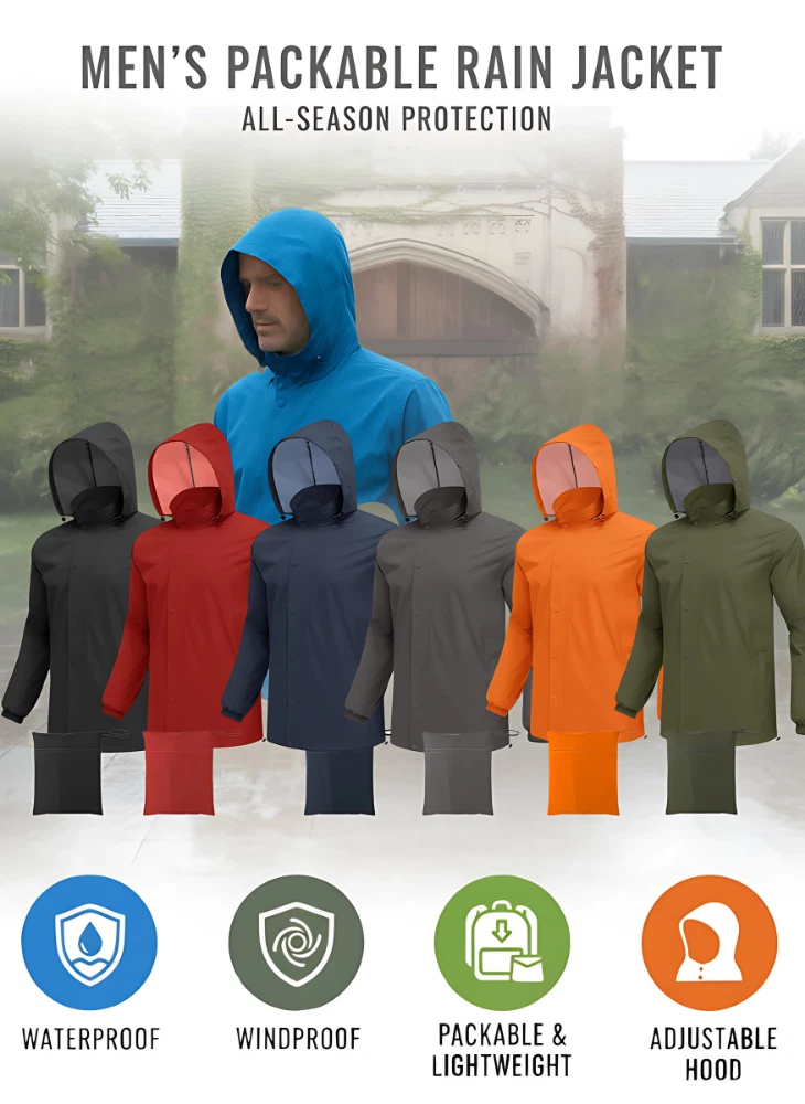 Men's Waterproof Rain Jacket Lightweight Hooded Raincoat Travel Hiking Golf