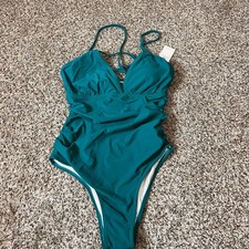 Charmo Teal Green One Piece Swimsuit Crisscross Back UPF 50 Women's