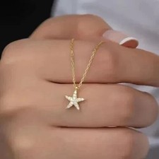 Ciondolo stella donna taglio tondo vera moissanite 1 ct placcato oro giallo 14 kt catena 18"