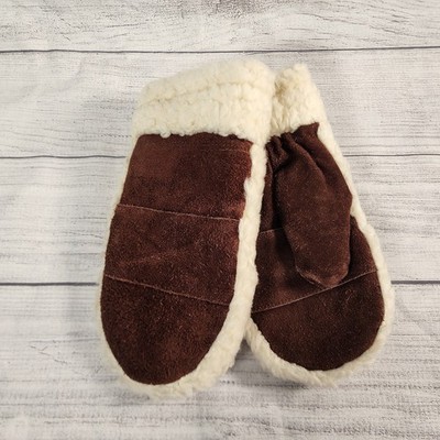 Vintage Avon Brown Suede Mittens Genuine Leather Faux Shearling Trim One Size